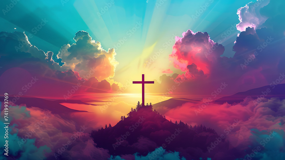 Jesus cross symbol on colorful clouds background. Generative AI colorful clouds background with Christian cross in the middle. Christian religion Cross on spiritual background. - obrazy, fototapety, plakaty 