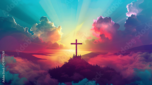 Jesus cross symbol on colorful clouds background. Generative AI colorful clouds background with Christian cross in the middle. Christian religion Cross on spiritual background. photo