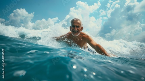 Senior Man Enjoying Surfing Lesson in Ocean. Energetic elderly man with a white beard, smiling and looking at the camera, while holding a surfboard in the clear blue ocean under a bright sky. © sderbane