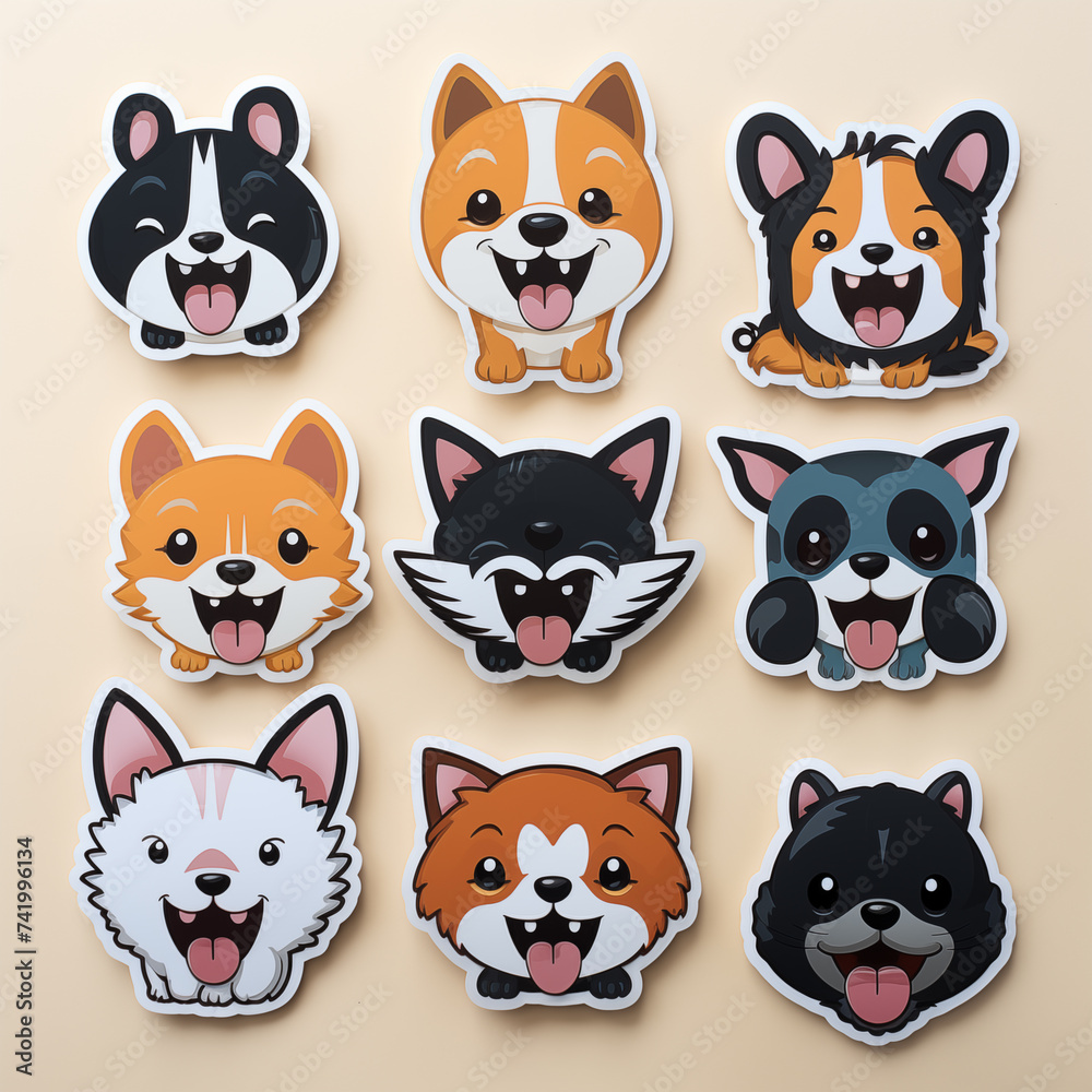 Cute stickers of puppies face isolated illustration
