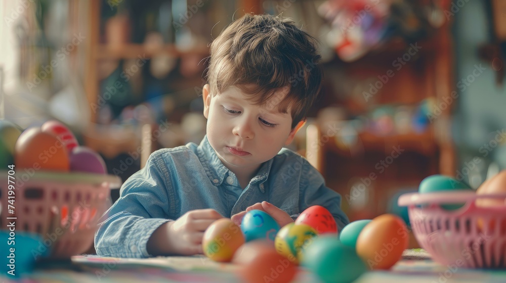 Fototapeta premium Mother and son crafting and decorating for Easter