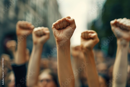 Arms raised in protest. Group of protestors fists raised up in the air. © Olesia Khazova