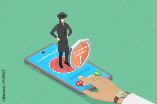 3D Isometric Flat Vector Illustration of Mobile Protecting Service, Preventing Email Spam photo