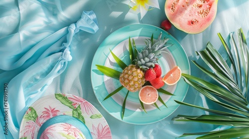 A top-down view of a fresh fruit plate alongside a collection of summer fashion beach accessories, embodying the tropical beach lifestyle photo