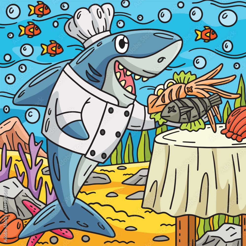 Chef Shark Colored Cartoon Illustration