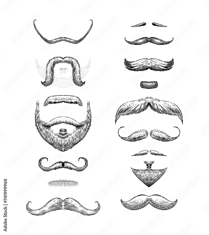 A set of moustache and beards on a white background. Hipster and retro barber or hairdresser. Engraved hand drawn in old sketch, vintage style for packaging and signage. A set of moustache and beards on a white background. Hipster and retro barber or hairdresser. Engraved hand drawn in old sketch, vintage style for packaging and signage.