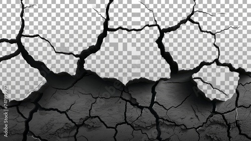 Vector illustration showing ground cracks from an earthquake, isolated on a transparent background. The cracks, fissures, and fractures are depicted from a top view perspective photo