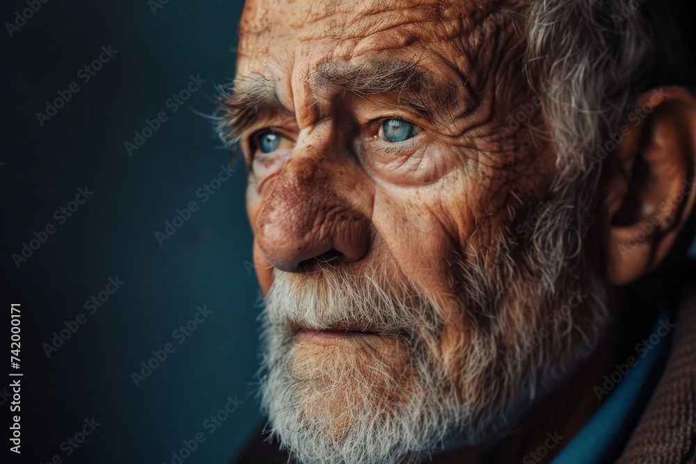 An aged man's weathered face is adorned with deep wrinkles, a bushy beard, and a stern frown, capturing the beauty and wisdom of a life well-lived