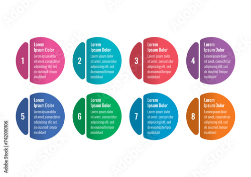 colorful circles informational template. eight steps infographic template. infographic template for industry, science, business, technology world