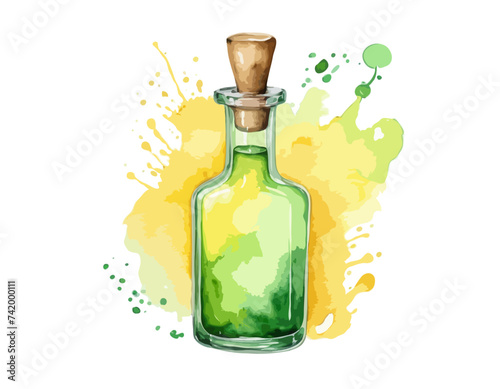 Yellow and green isolated magic potion bottle. Hand drawn watercolor alchemy. Occultism and witchcraft drink. Love elixir chemistry. Aura testing 
