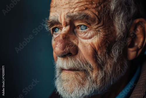 An aged man's weathered face is adorned with deep wrinkles, a bushy beard, and a stern frown, capturing the beauty and wisdom of a life well-lived