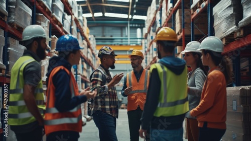 A bunch of construction workers wearing hard hats and high-visibility clothing discuss work in a warehouse. AIG41 photo