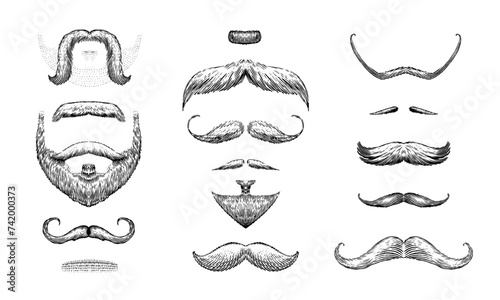 A set of moustache and beards on a white background. Hipster and retro barber or hairdresser. Engraved hand drawn in old sketch, vintage style for packaging and signage.