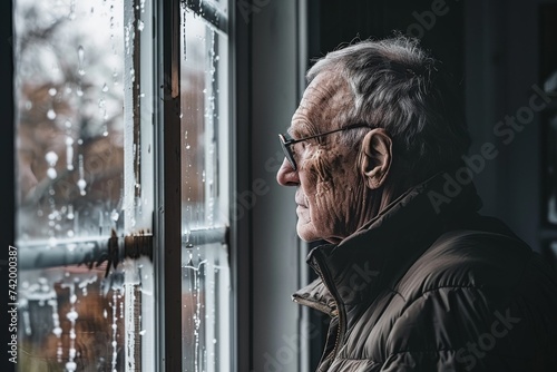 A seasoned man gazes wistfully through a frosted window, his lined face reflecting the cold winter street outside as he stands bundled in layers of weathered clothing