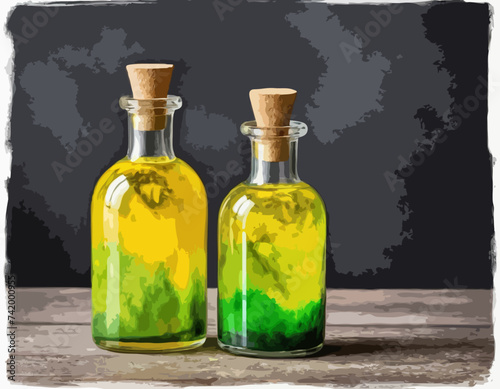 Yellow and green isolated magic potion bottle. Hand drawn watercolor alchemy. Occultism and witchcraft drink. Love elixir chemistry. Aura testing 
