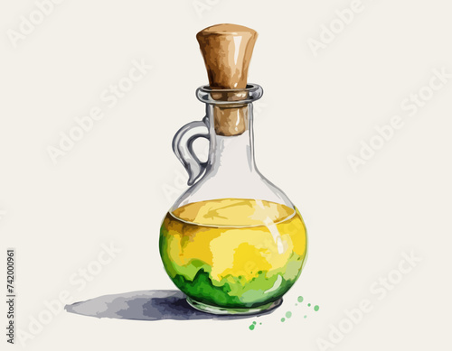 Yellow and green isolated magic potion bottle. Hand drawn watercolor alchemy. Occultism and witchcraft drink. Love elixir chemistry. Aura testing 
