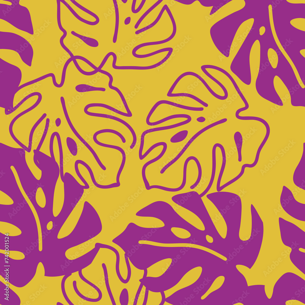Monstera leaves decorative seamless vector pattern for textile design, fabric print, digital or wrapping paper, wallpaper, background and backdrop, decoration. Tropical summer holiday theme.