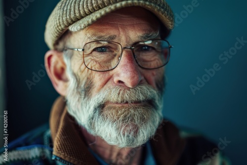 A wise and distinguished man with a beard and glasses gazes confidently at the camera, his face adorned with wrinkles and facial hair, wearing a hat and glasses that frame his thoughtful expression