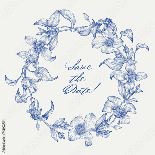 Toile art Vector vintage floral round wreath in blue and light beige. Delicate Clematis flowers and leaves engraved elements. Hand drawn illustration for design greeting card, wedding decor