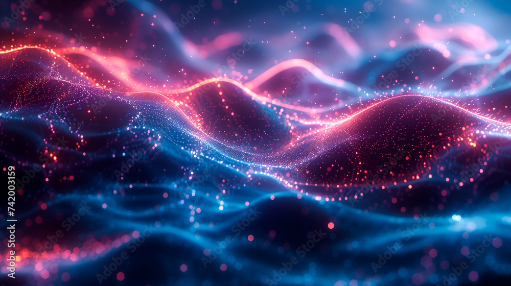 Dynamic red and blue particles flowing in digital waves