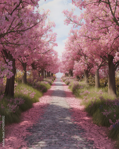 pink blossoming tree path 