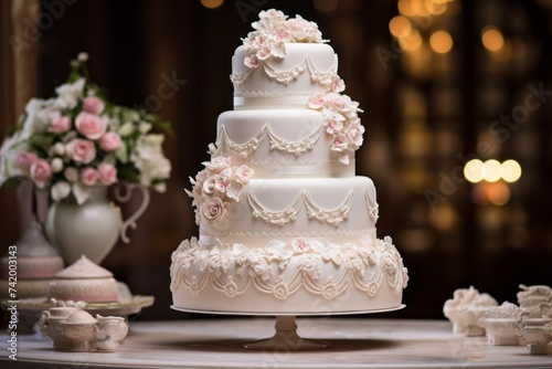 A multi-tiered wedding cake adorned with intricate fondant details, delicate flowers, and elegant piping