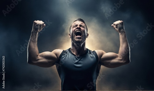 Strong athlete raises hands up and screams with energy he is feeling