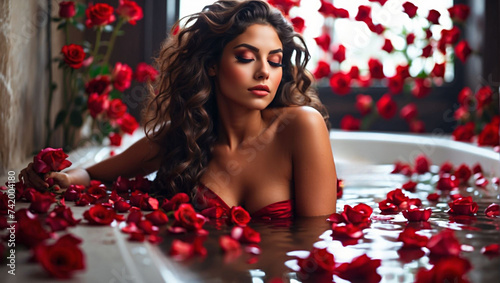 Beautiful latina woman lying in bath with red rose petals. Romantic card. Woman in spa. Valentine's day	
	
