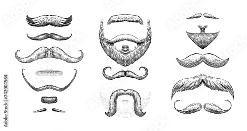 A set of moustache and beards on a white background. Hipster and retro barber or hairdresser. Engraved hand drawn in old sketch, vintage style for packaging and signage. photo