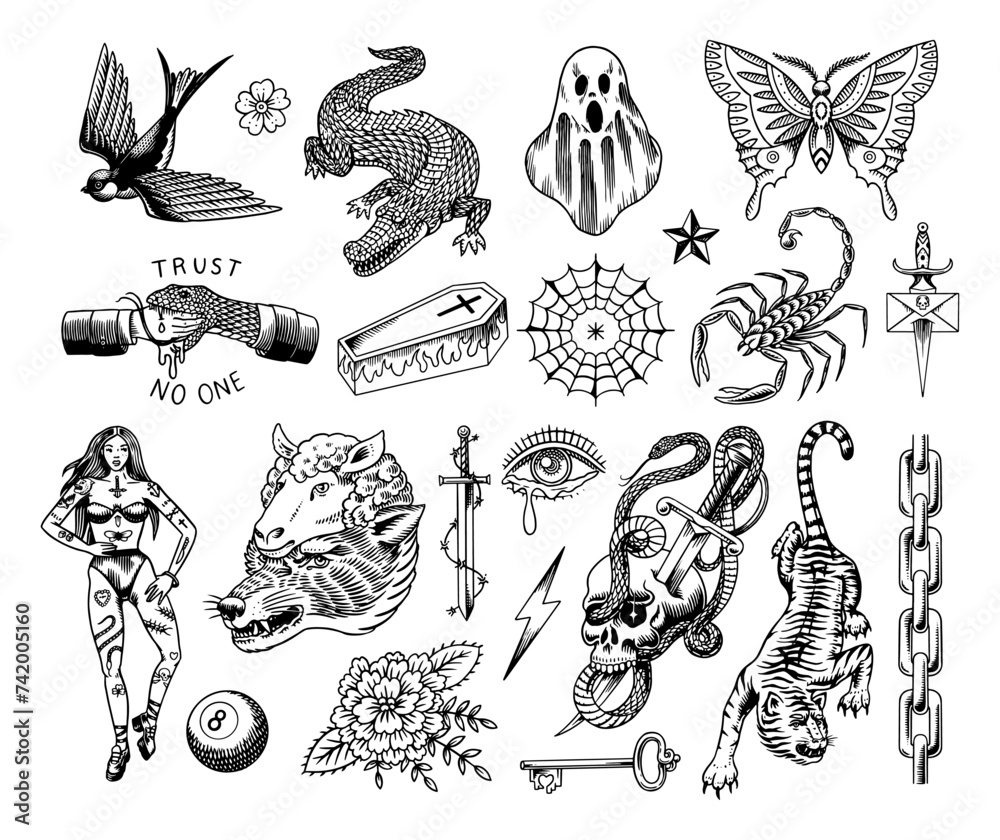 Old school Tattoo stickers set. Woman, crocodile, doberman dog, swallow, snake and handshake, Wolf in sheep's clothing. Panther and hope gesture. Engraved hand drawn vintage sketch.