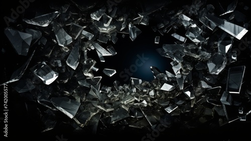 Abstract hyperrealistic broken dark glass 3d art concept banner design background pieces photo