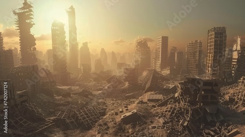 A 3D illustration concept showcasing the ruins of a city, evoking an apocalyptic landscape