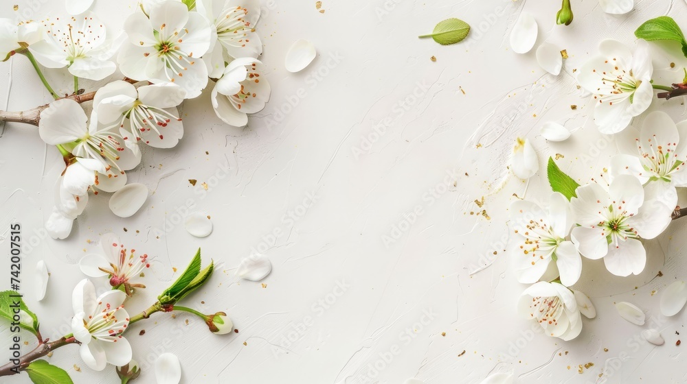 A spring border background adorned with white blossoms - obrazy, fototapety, plakaty 