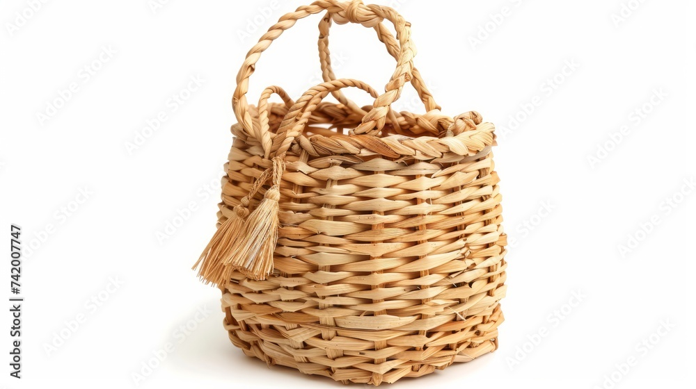 A straw bag set against a white background