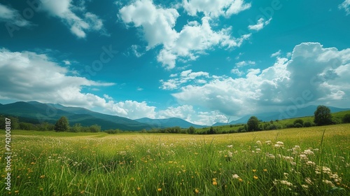 Panoramic natural landscape with green grass field, blue sky with clouds and mountains in background.