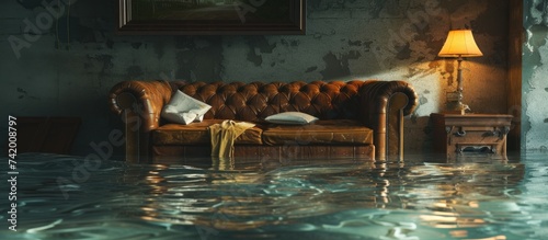 A couch is seen floating in a flooded living room due to water damage from flooding. The room is filled with water, and the furniture appears displaced and damaged.