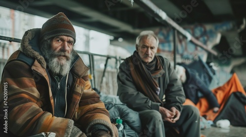 photo beggars sitting under the bridge with both hands out in front