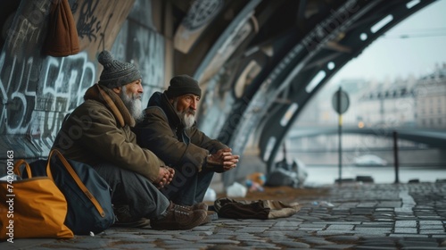 photo beggars sitting under the bridge with both hands out in front