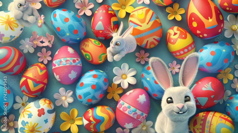 Easter themed pattern with easter eggs and cartoon bunnies, eternal