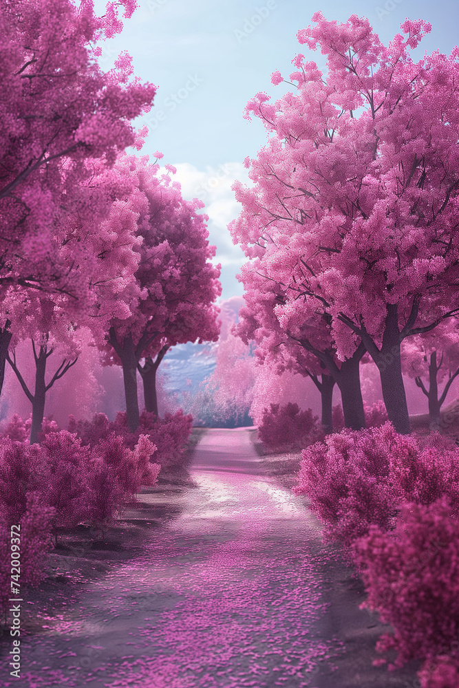 Naklejka premium pink blossoming tree path 