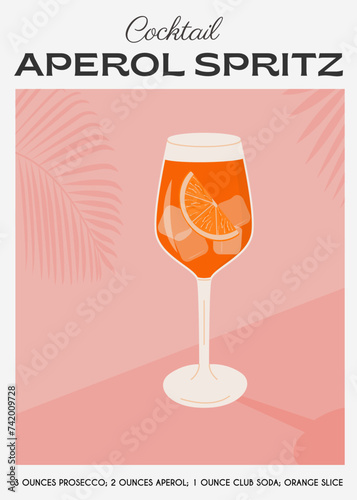 Aperol Spritz Cocktail in glass with ice and slice of orange. Summer Italian aperitif retro poster. Wall art with alcoholic beverage decorated with orange wedges and citrus tree on background. Vector.