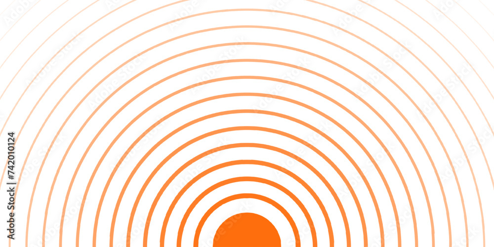 Orange concentric circles banner. Radial pattern. Sun, sunlight, sunrise, sunset, sunburst background. Ripples, impact, sonar waves, epicenter, radar signal, target wallpaper. Vector flat illustration
