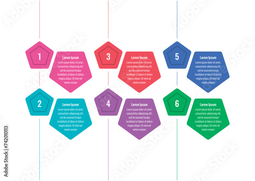 colorful pentagons informational template. six steps infographic template. infographic template for world of science, business, industry, technology