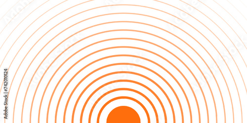 Orange concentric circles banner. Radial pattern. Sun, sunlight, sunrise, sunset, sunburst background. Ripples, impact, sonar waves, epicenter, radar signal, target wallpaper. Vector flat illustration
