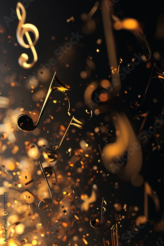 music background with musical notes golden on black background	
