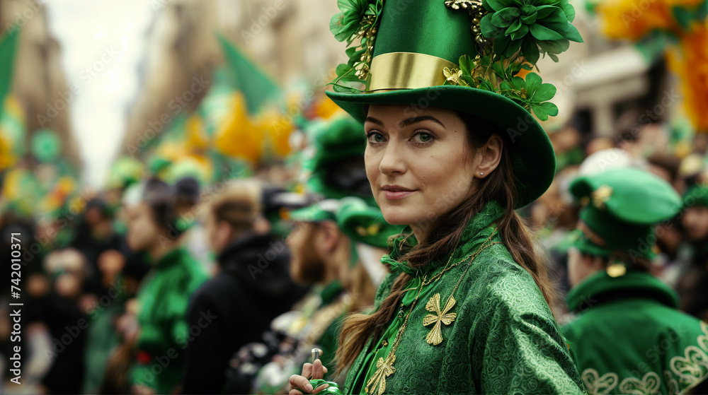 A woman in vibrant green attire celebrates St. Patrick's Day with festive charm