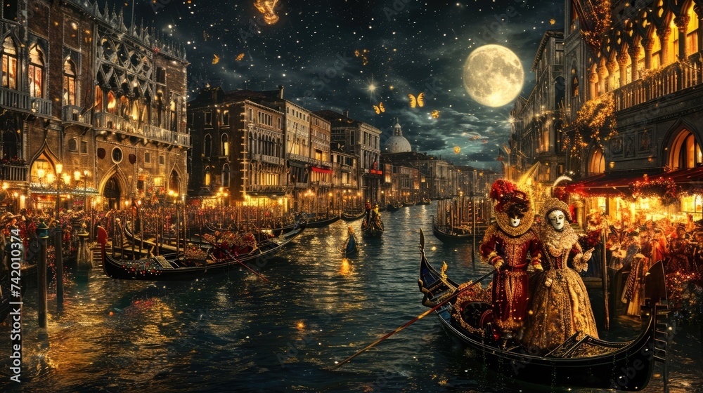 A grand Venetian carnival scene, elaborate masks and costumes, gondolas on the canal under moonlight. Resplendent. - obrazy, fototapety, plakaty 