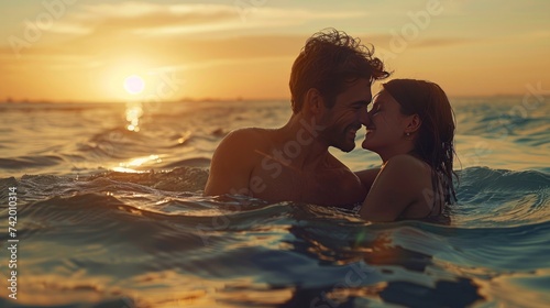 Happy young fit couple in the sea or ocean hug each other with love at summer sunset. Romantic mood, tenderness, relationship, vacation concept. © Nijat