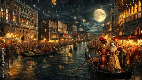 A grand Venetian carnival scene, elaborate masks and costumes, gondolas on the canal under moonlight. Resplendent.
