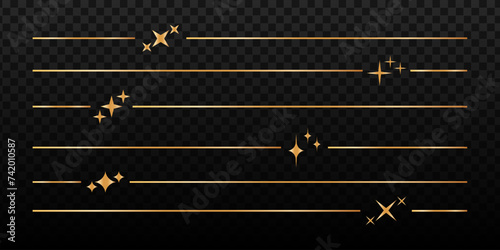 Set of golden page dividers isolated on dark background. Separate lines with star symbols. Cosmic, celestial, magic, mystic decorative elements. Elegant modern ornament. Vector illustration.
